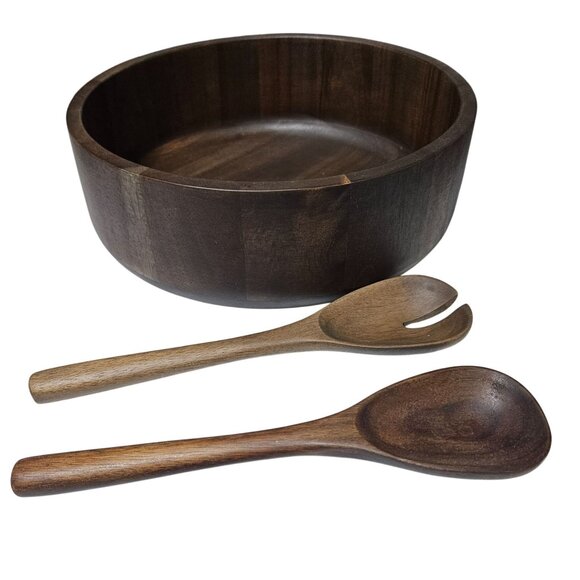 Handcrafted Wooden Salad Bowl Set 2 Serving Spoons 12 Inch Dark Walnut Finish - Picture 2 of 5